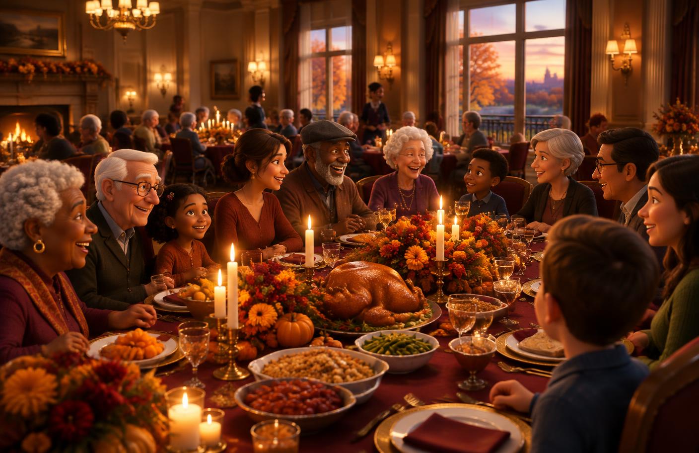 Neighbors sharing Thanksgiving dinner
